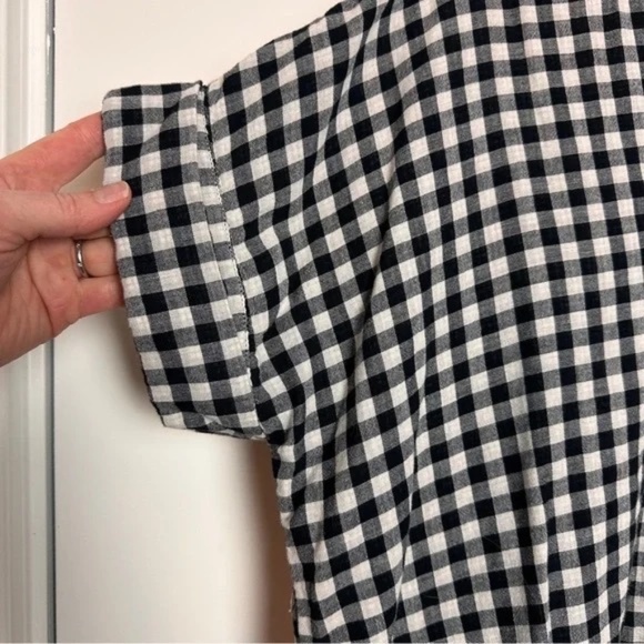 Madewell black white checkered plaid split neck top size Large - Picture 2 of 5